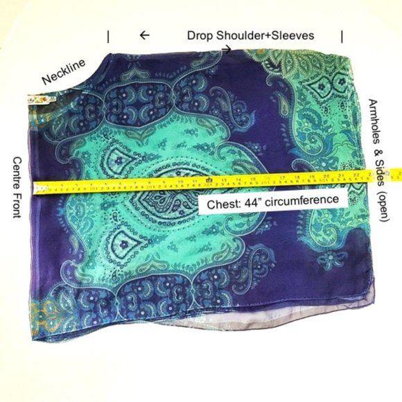 Top & Scarf 2in1 Blue Green Paisley Print Sheer Chiffon Slip-on Lightweight - Picture 11 of 14